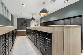 Indoor mailroom with package lockers